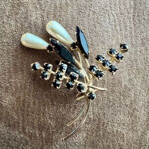 Gold and Black Rhinestone & Pearl Brooch